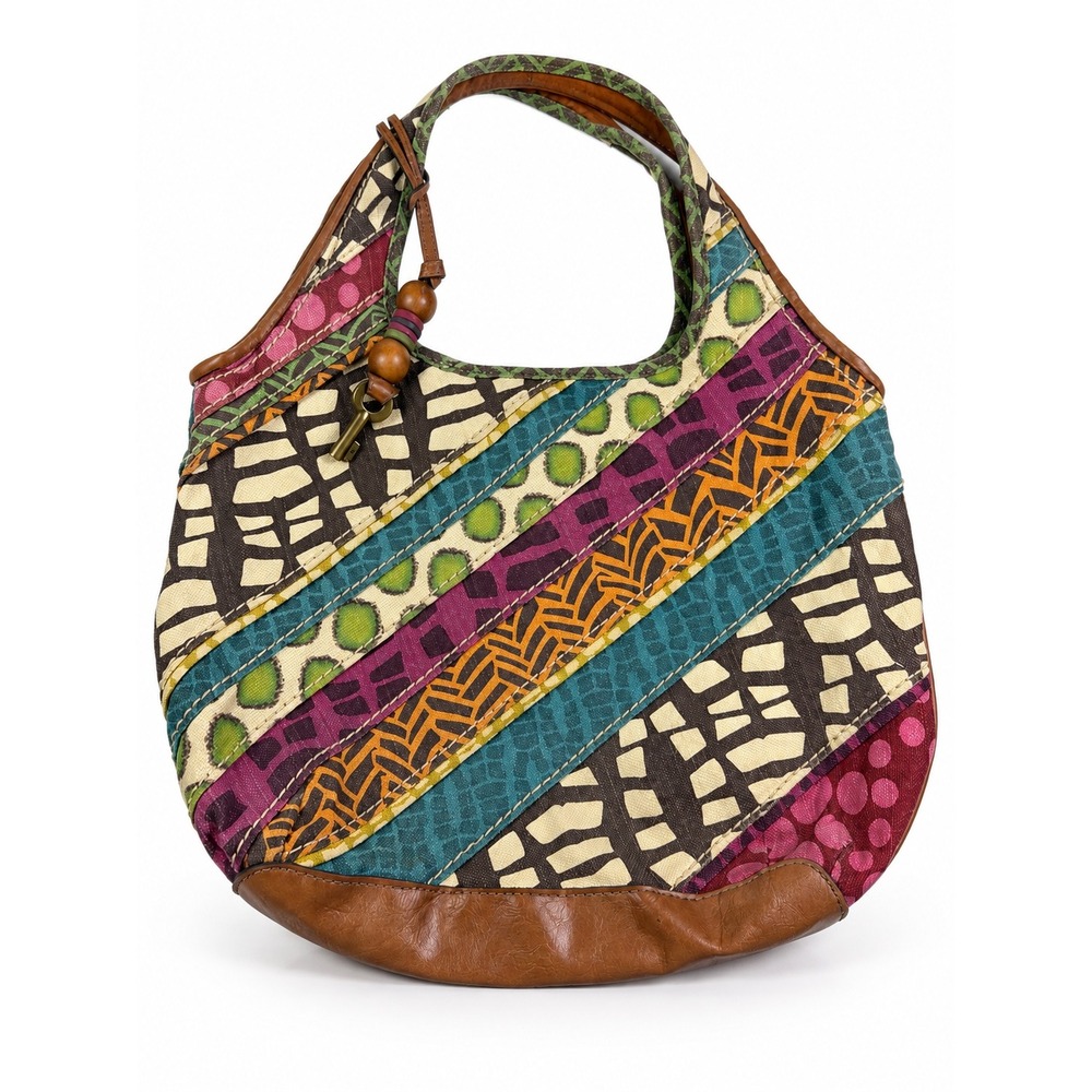 Fossil Vintage Y2K Canvas Patchwork Multi Color Boho Hobo Shoulder Bag